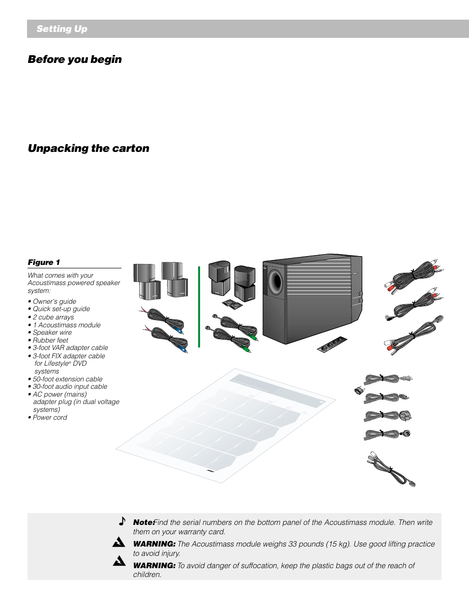 Before you begin, Unpacking the carton, Setting up | Bose AM262838_00_V. User Manual | Page 6 / 22