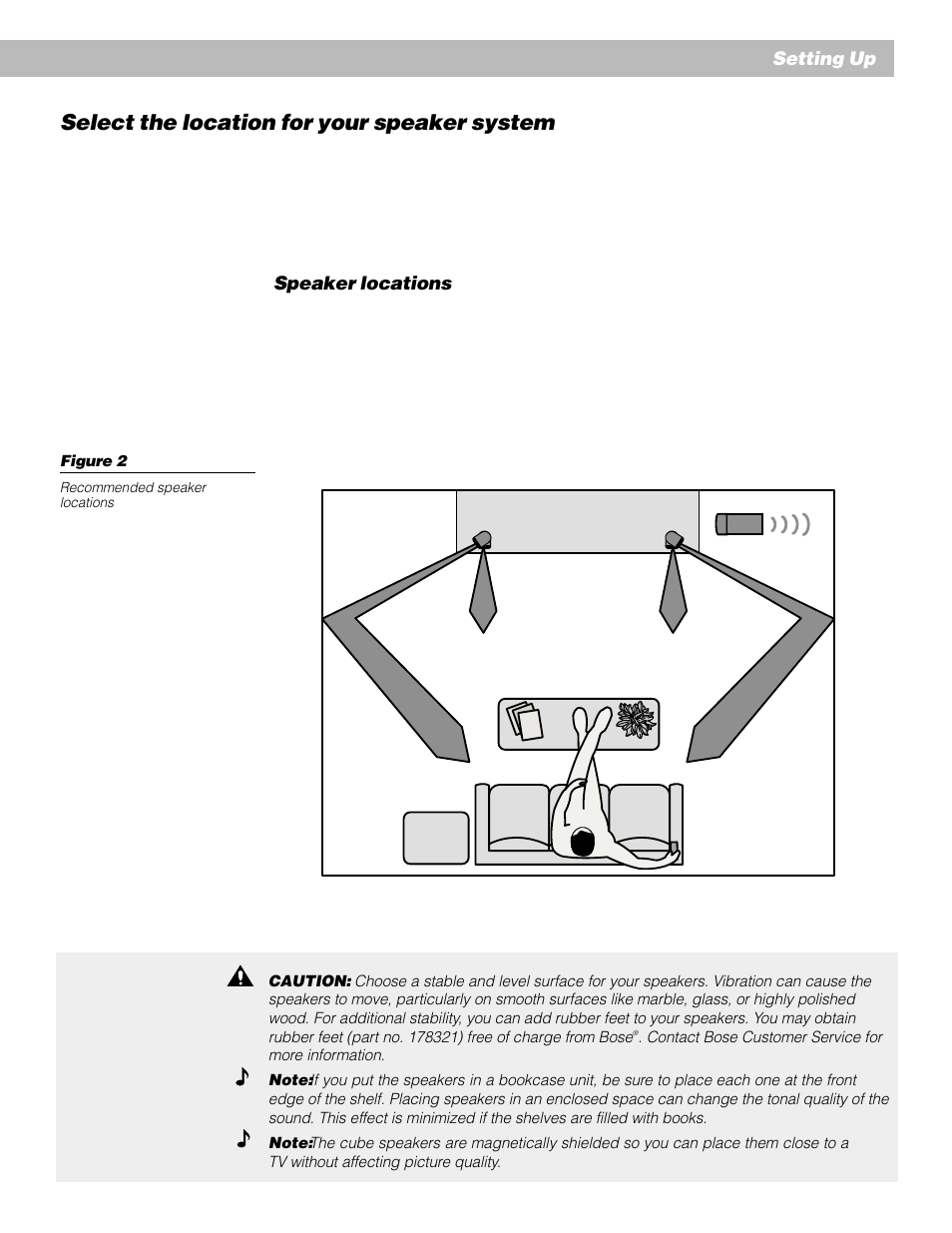 Select the location for your speaker system, Speaker locations, Setting up | Bose AM262838_00_V. User Manual | Page 7 / 22