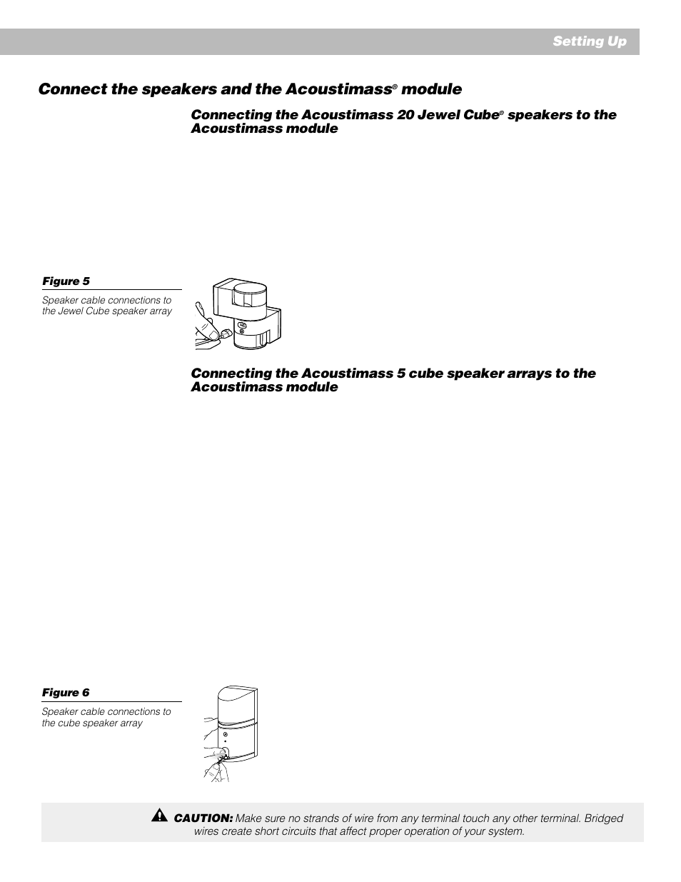 Connect the speakers and the acoustimass, Module, Connecting the acoustimass 20 jewel cube | Speakers to the acoustimass module, Setting up | Bose AM262838_00_V. User Manual | Page 9 / 22