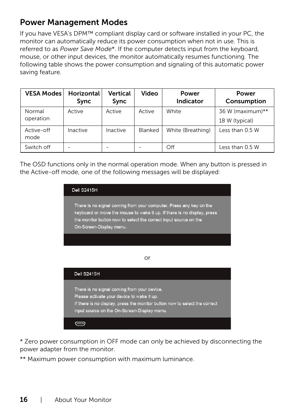 Power management modes | Dell S2415H Monitor User Manual | Page 16 / 50