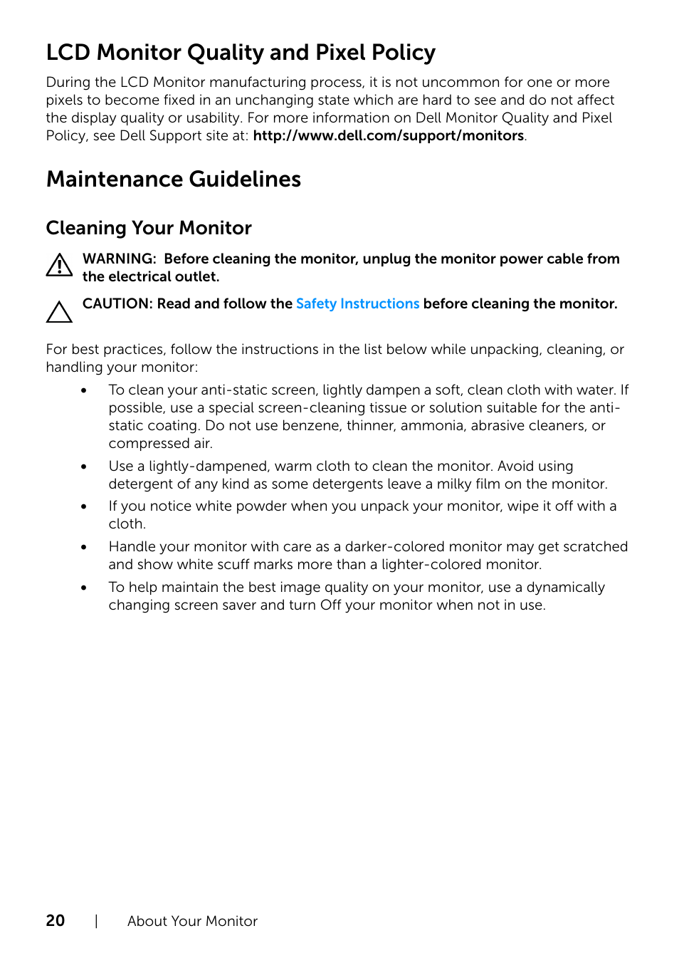 Lcd monitor quality and pixel policy, Maintenance guidelines, Cleaning your monitor | Dell S2415H Monitor User Manual | Page 20 / 50