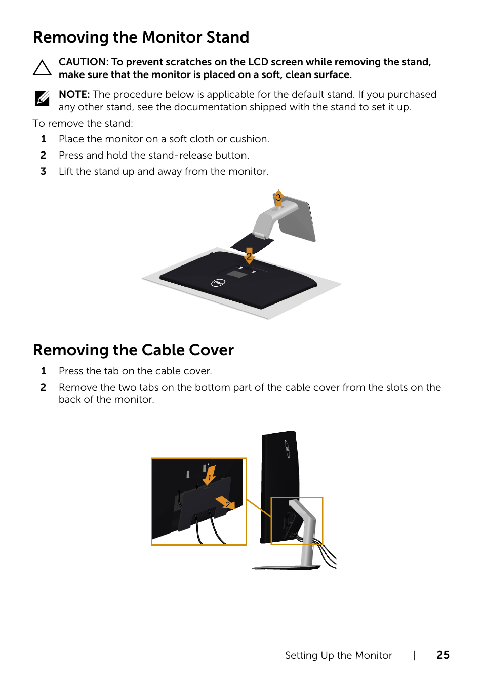 Removing the monitor stand, Removing the cable cover | Dell S2415H Monitor User Manual | Page 25 / 50