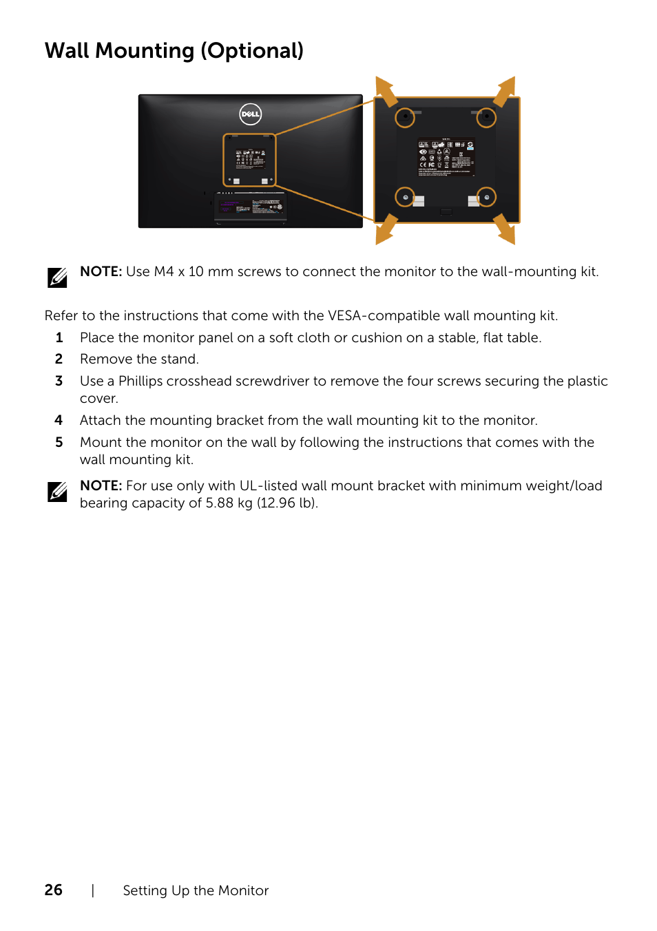 Wall mounting (optional) | Dell S2415H Monitor User Manual | Page 26 / 50