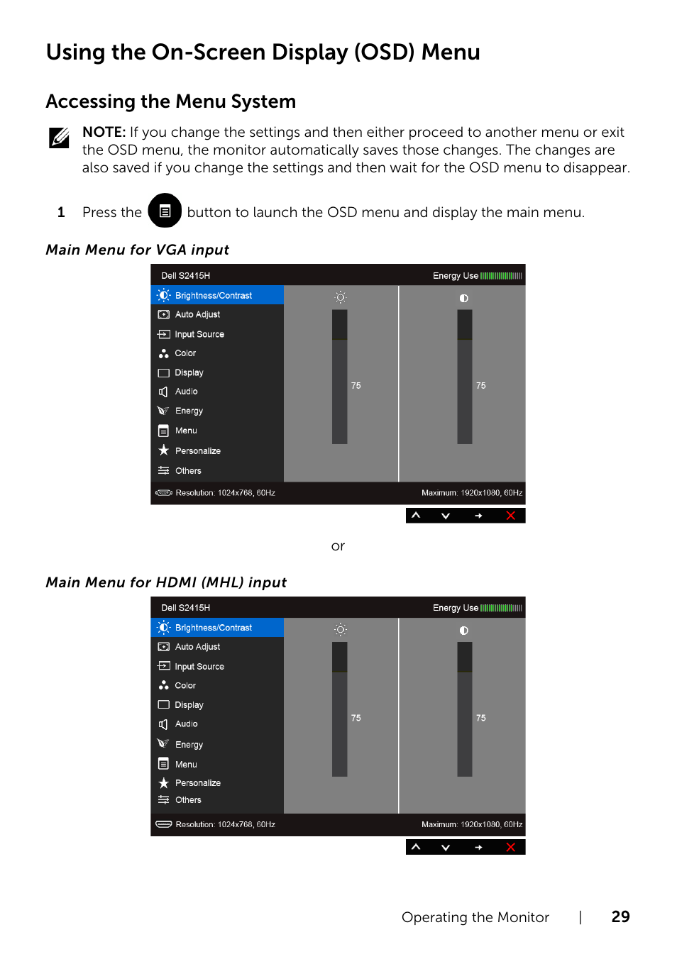 Using the on-screen display (osd) menu, Using the, On-screen display (osd) menu | Accessing the menu system | Dell S2415H Monitor User Manual | Page 29 / 50