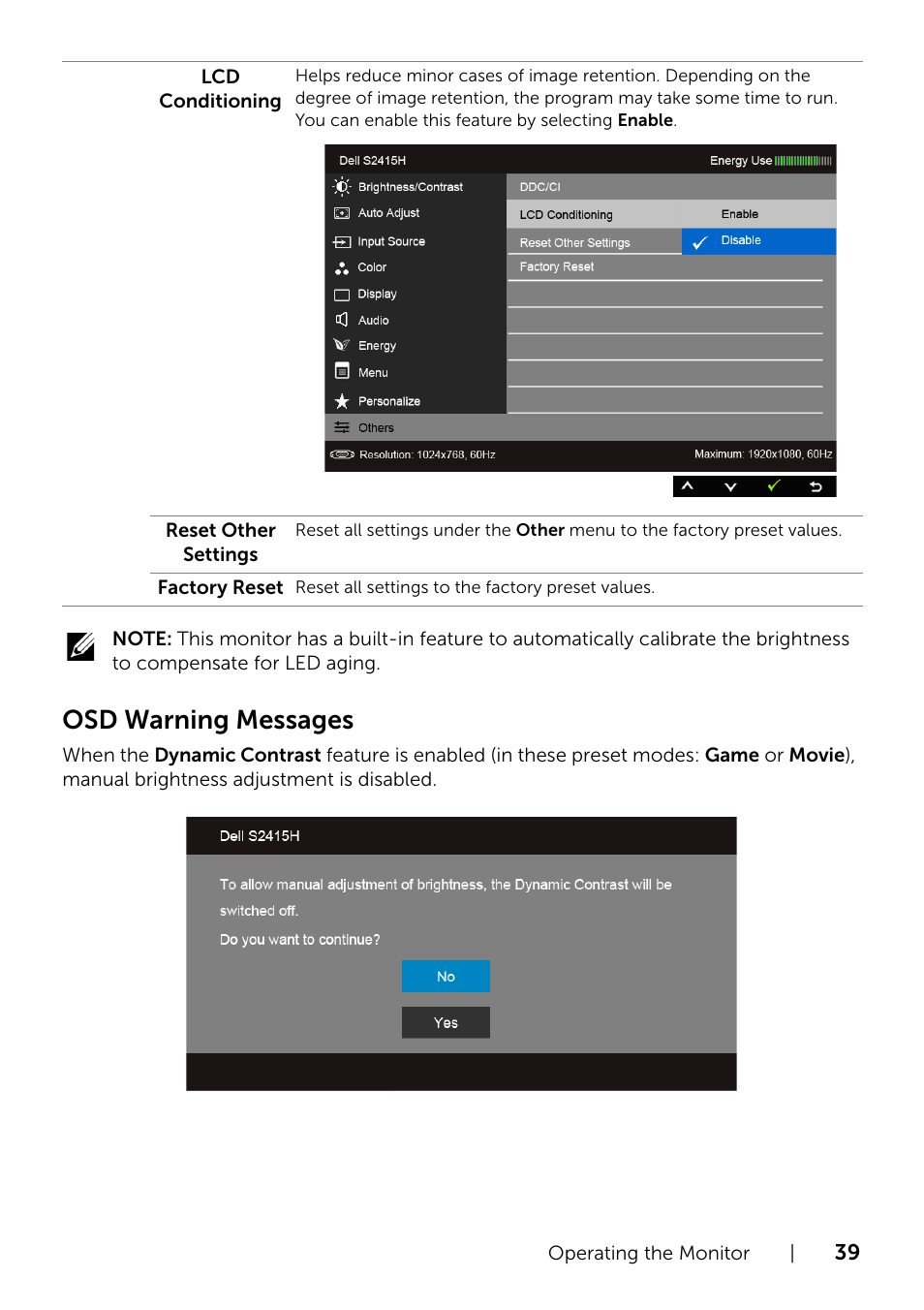 Osd warning messages | Dell S2415H Monitor User Manual | Page 39 / 50