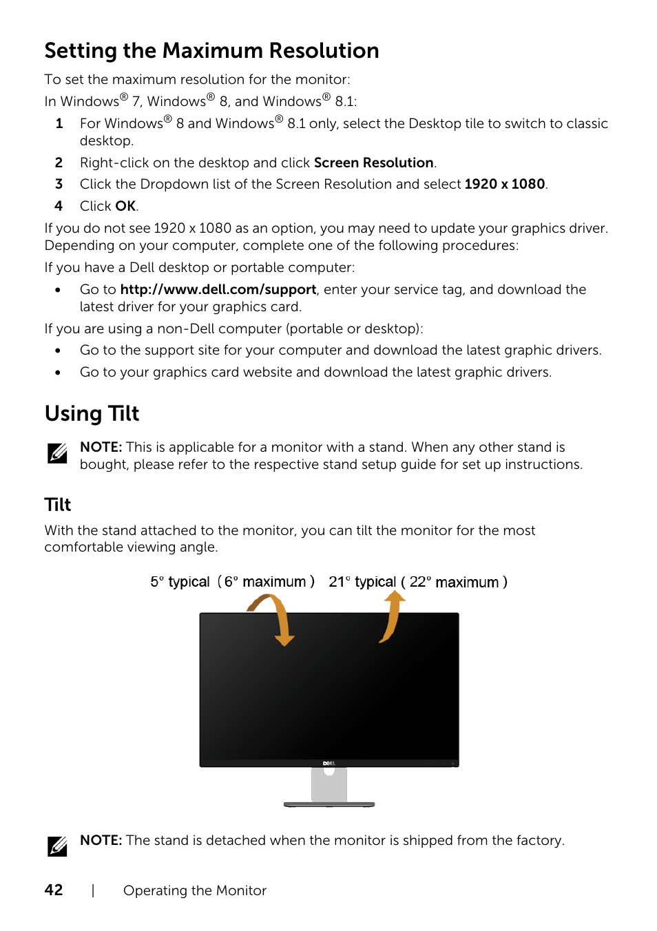 Setting the maximum resolution, Using tilt, Tilt | Dell S2415H Monitor User Manual | Page 42 / 50