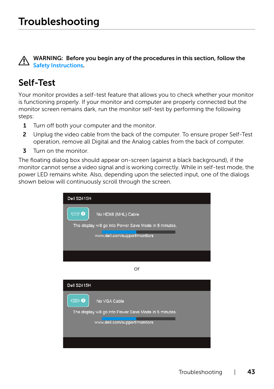 Troubleshooting, Self-test | Dell S2415H Monitor User Manual | Page 43 / 50