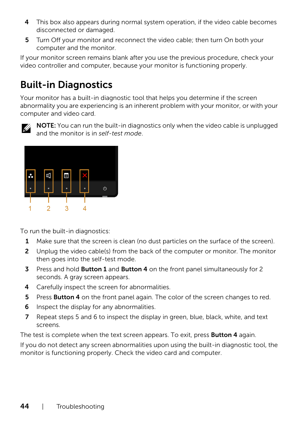Built-in diagnostics | Dell S2415H Monitor User Manual | Page 44 / 50