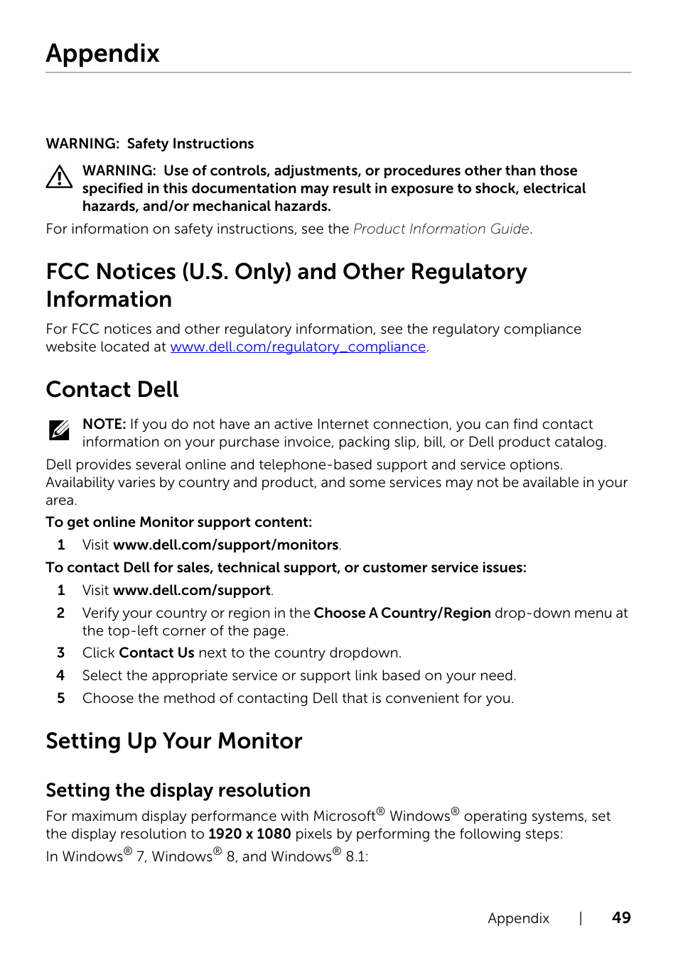 Appendix, Contact dell, Setting up your monitor | Fcc notices (u.s. only) and other regulatory, Information, Setting the display resolution | Dell S2415H Monitor User Manual | Page 49 / 50