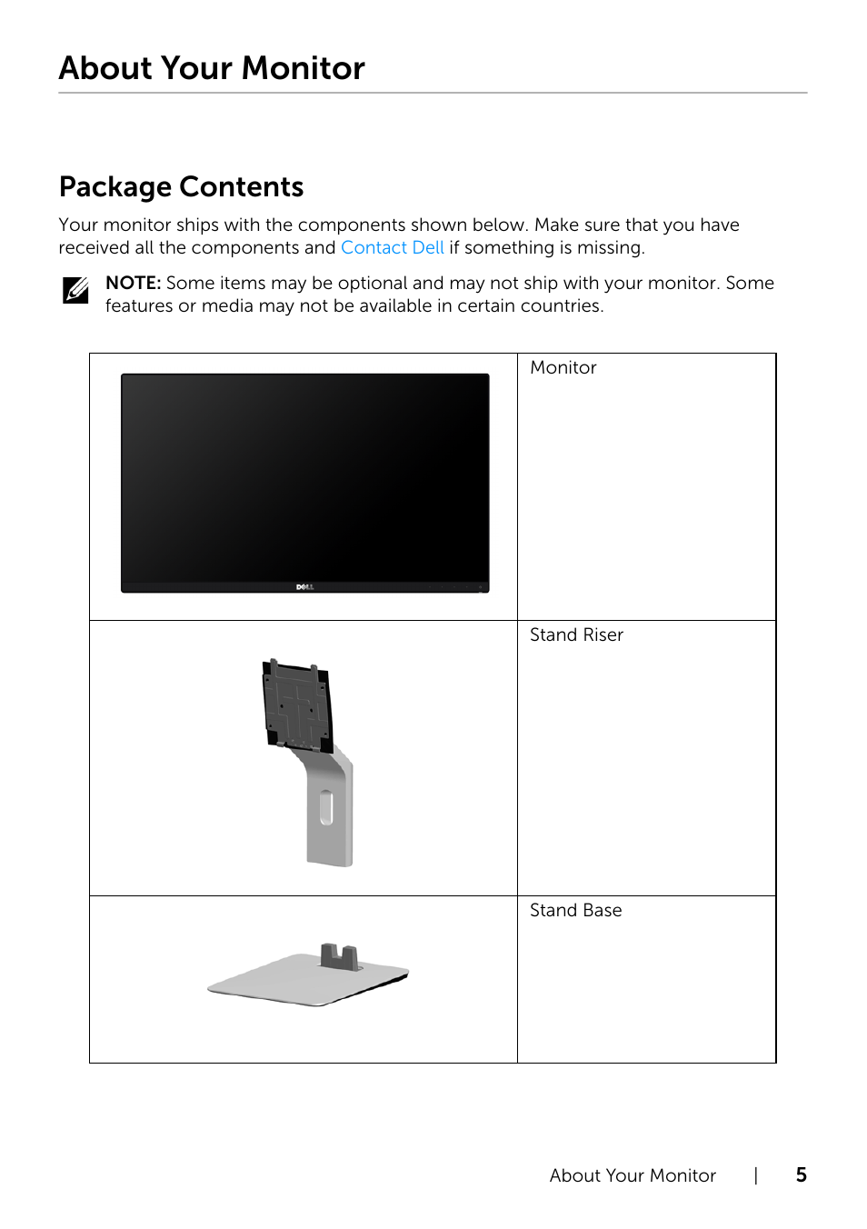About your monitor, Package contents | Dell S2415H Monitor User Manual | Page 5 / 50