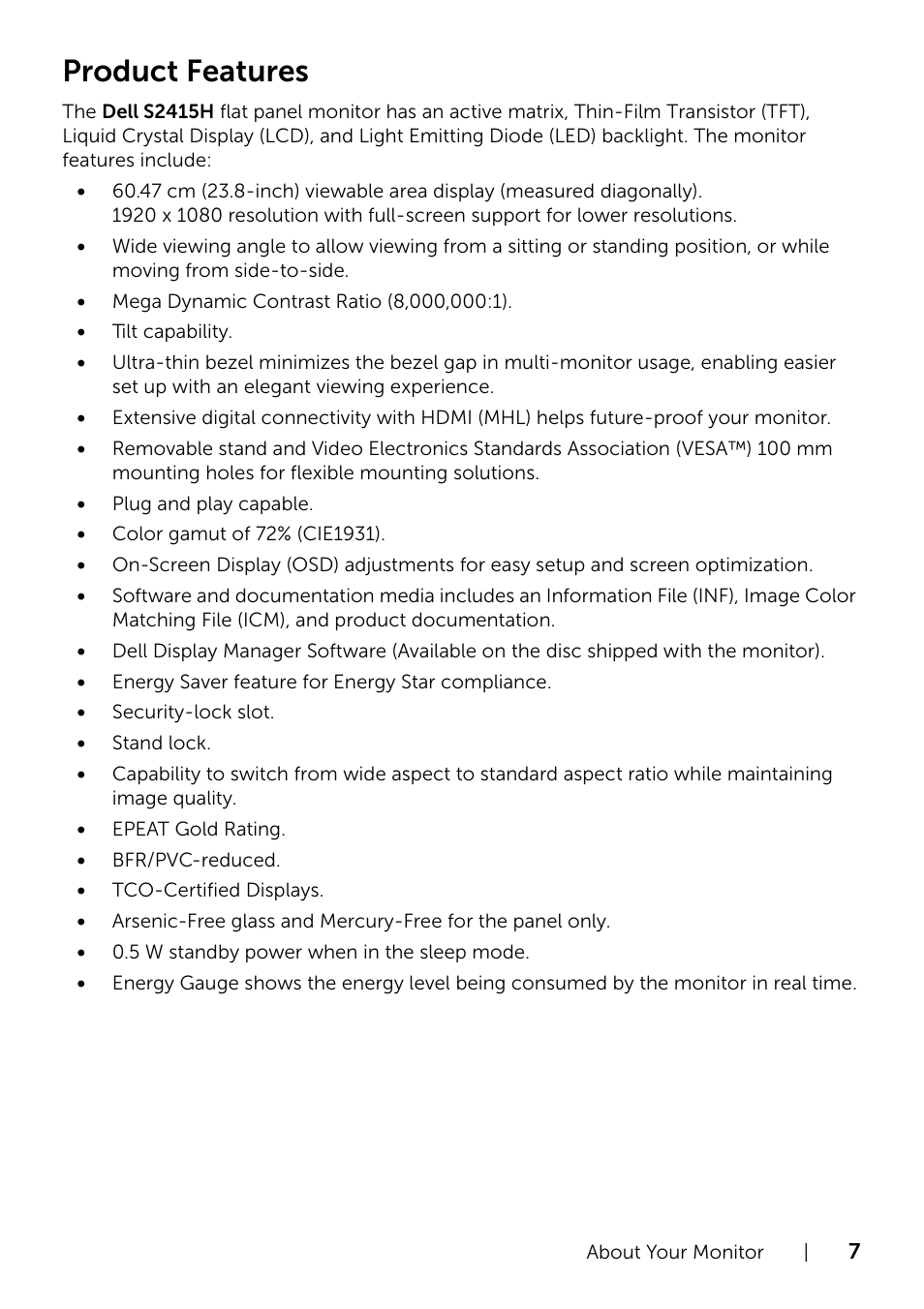 Product features | Dell S2415H Monitor User Manual | Page 7 / 50