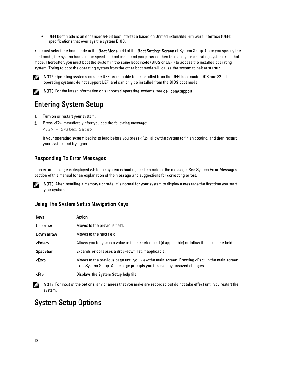 Entering system setup, Responding to error messages, Using the system setup navigation keys | System setup options | Dell PowerEdge VRTX User Manual | Page 12 / 139