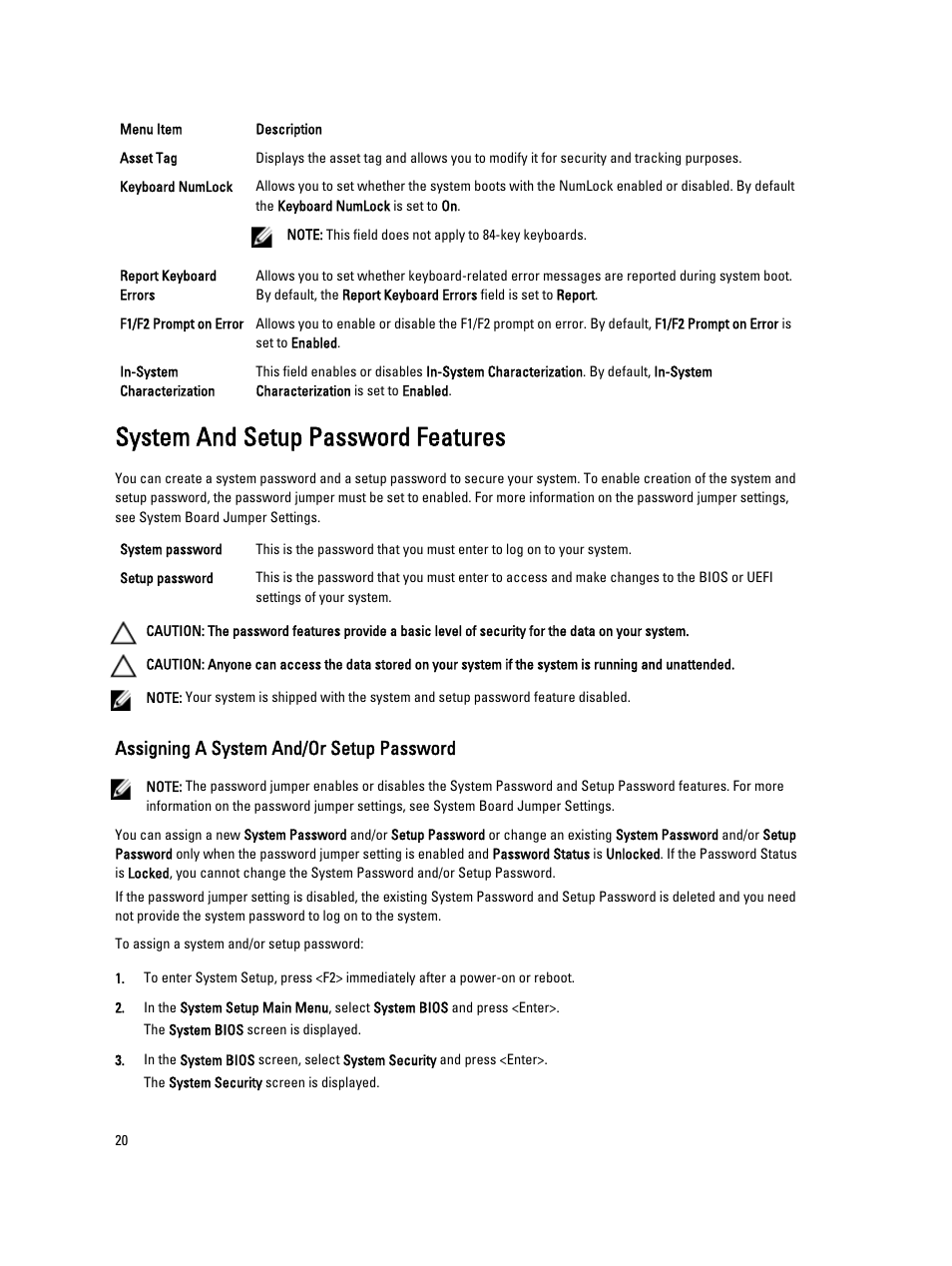 System and setup password features, Assigning a system and/or setup password | Dell PowerEdge VRTX User Manual | Page 20 / 139