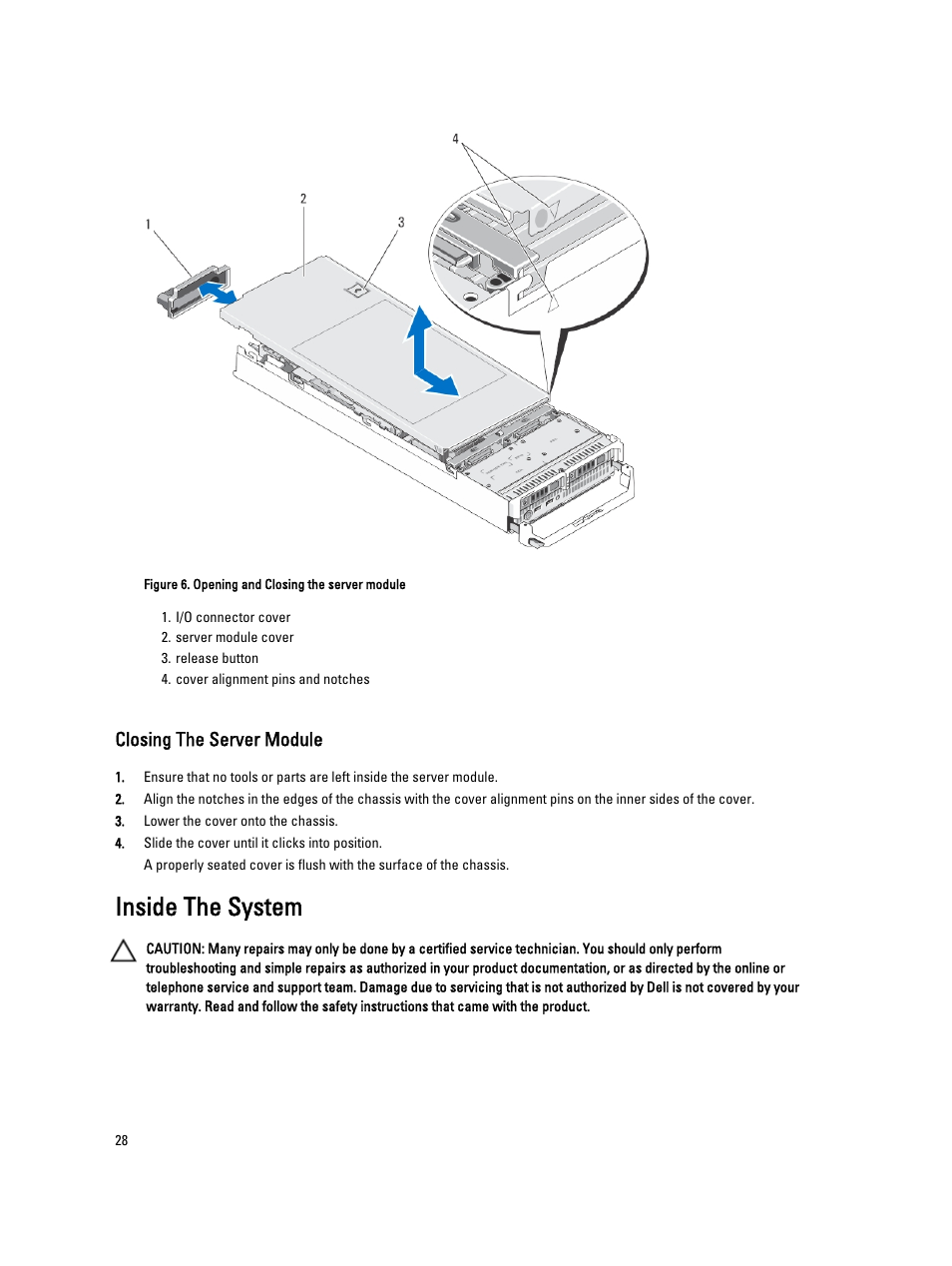 Closing the server module, Inside the system | Dell PowerEdge VRTX User Manual | Page 28 / 139