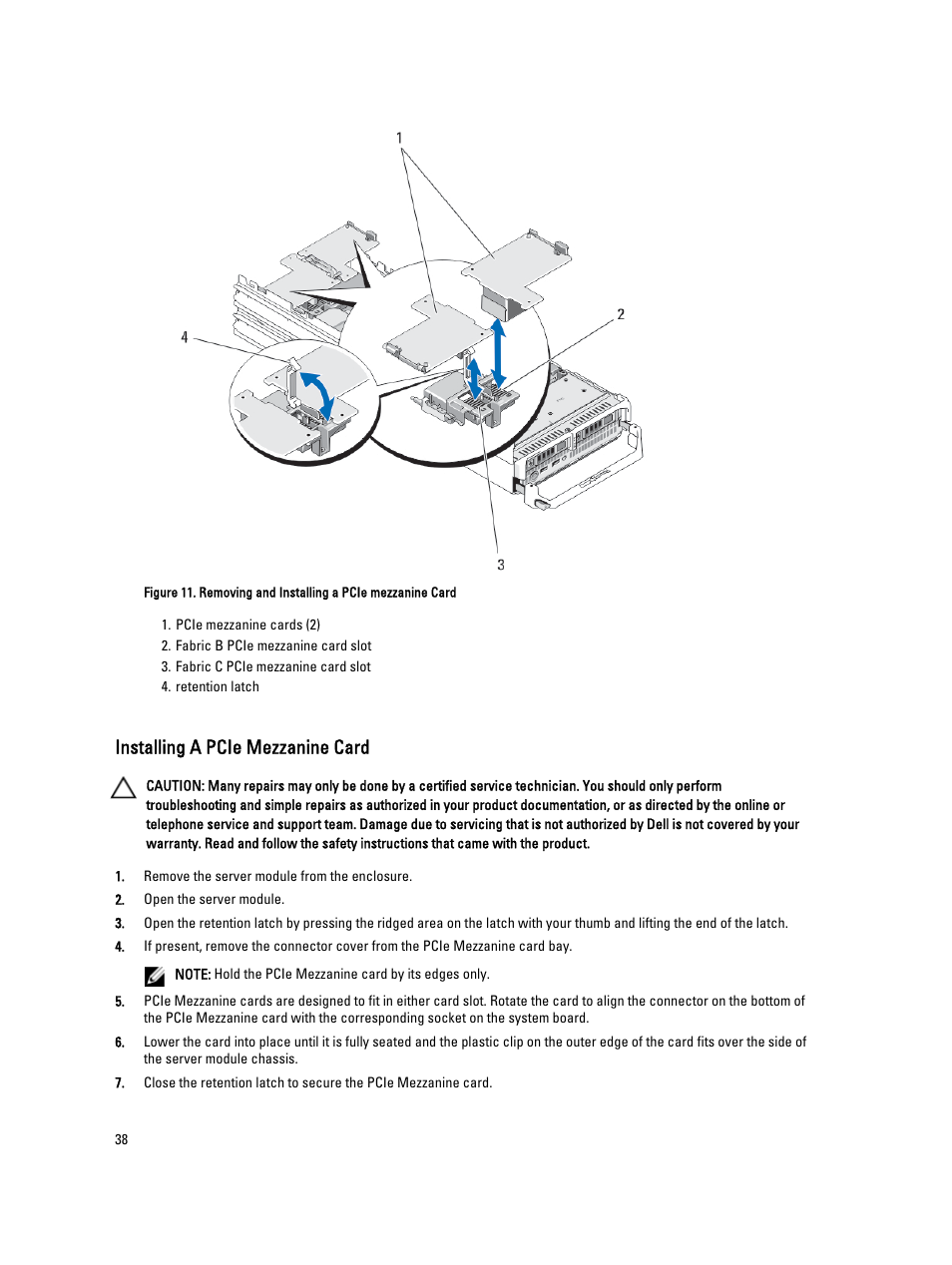 Installing a pcie mezzanine card | Dell PowerEdge VRTX User Manual | Page 38 / 139