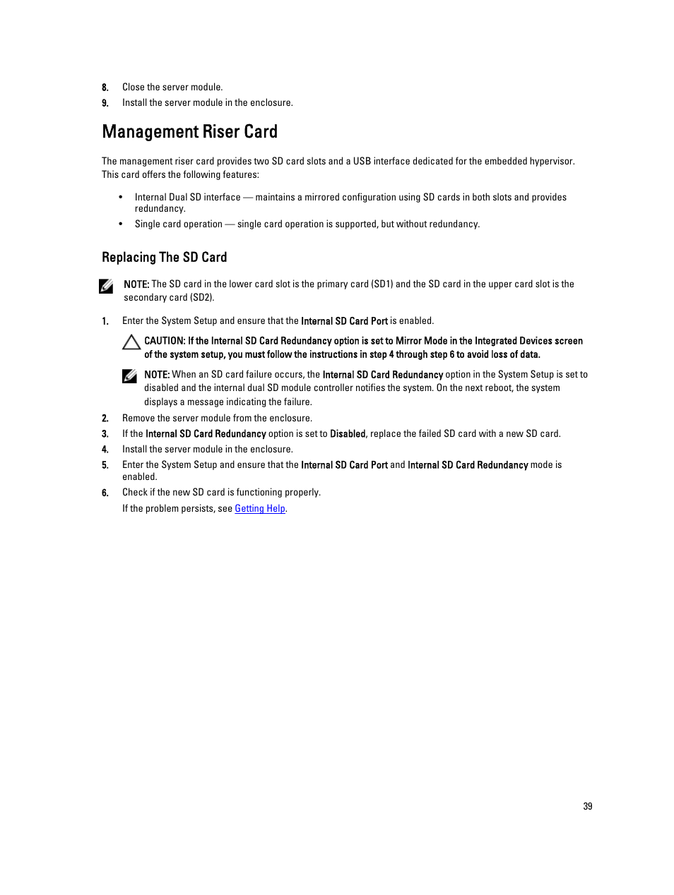 Management riser card, Replacing the sd card | Dell PowerEdge VRTX User Manual | Page 39 / 139