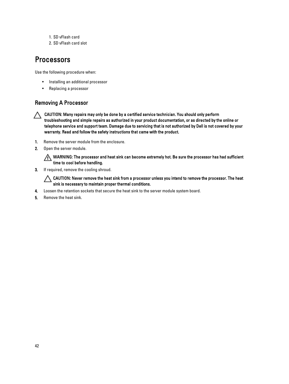 Processors, Removing a processor | Dell PowerEdge VRTX User Manual | Page 42 / 139