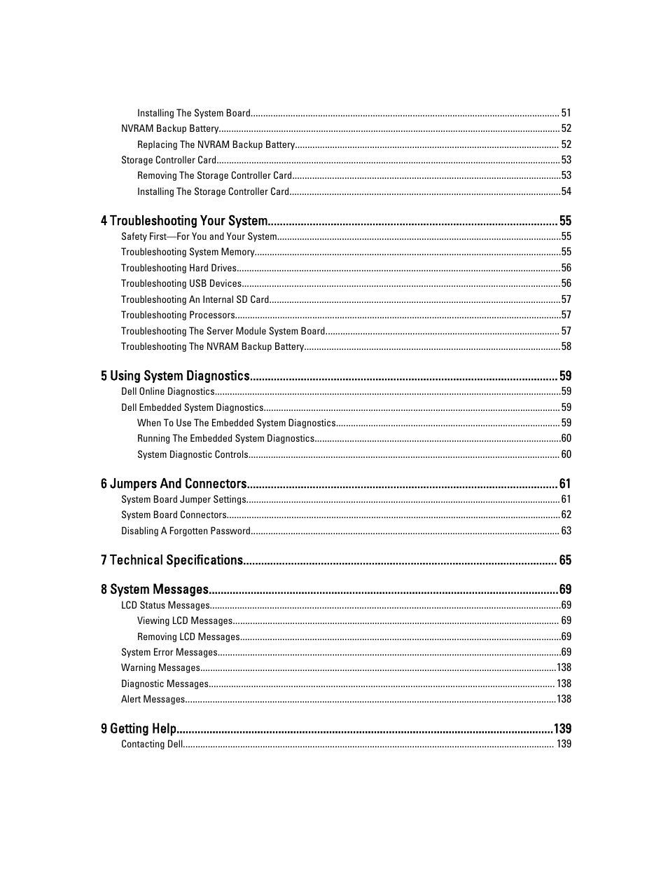 4 troubleshooting your system, 5 using system diagnostics, 6 jumpers and connectors | 7 technical specifications 8 system messages, 9 getting help | Dell PowerEdge VRTX User Manual | Page 5 / 139