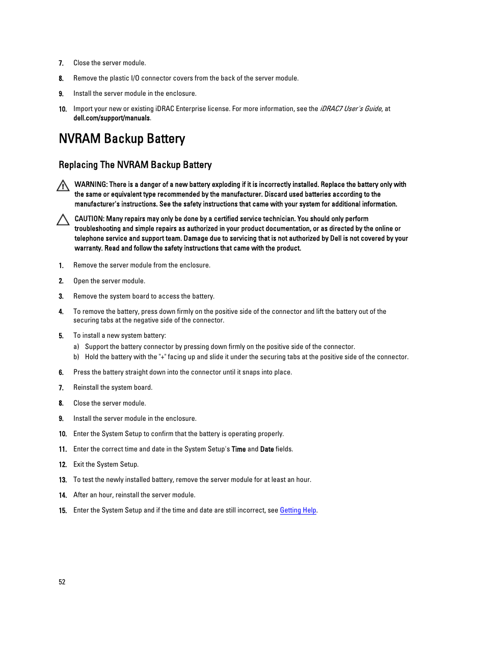 Nvram backup battery, Replacing the nvram backup battery | Dell PowerEdge VRTX User Manual | Page 52 / 139