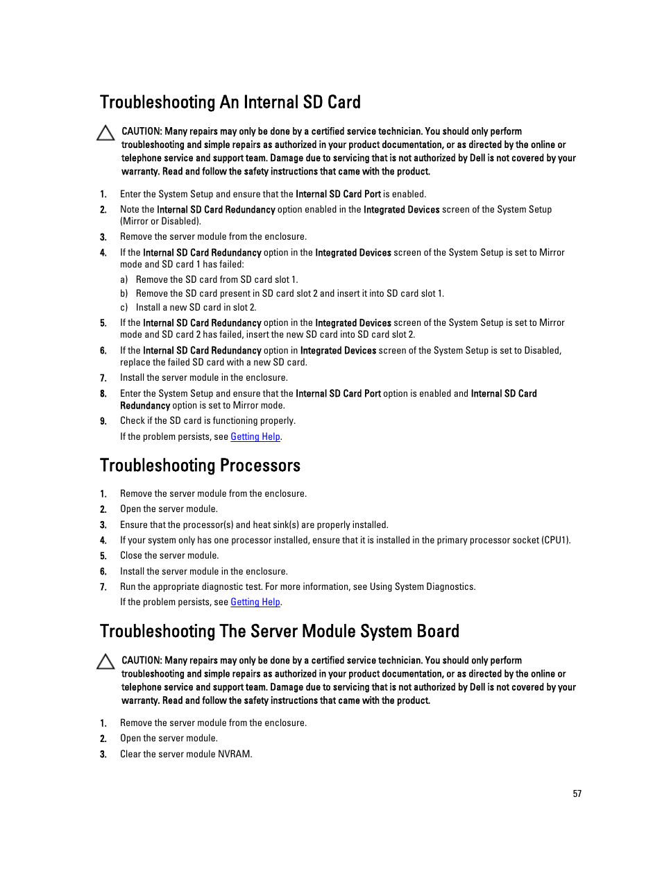 Troubleshooting an internal sd card, Troubleshooting processors, Troubleshooting the server module system board | Dell PowerEdge VRTX User Manual | Page 57 / 139