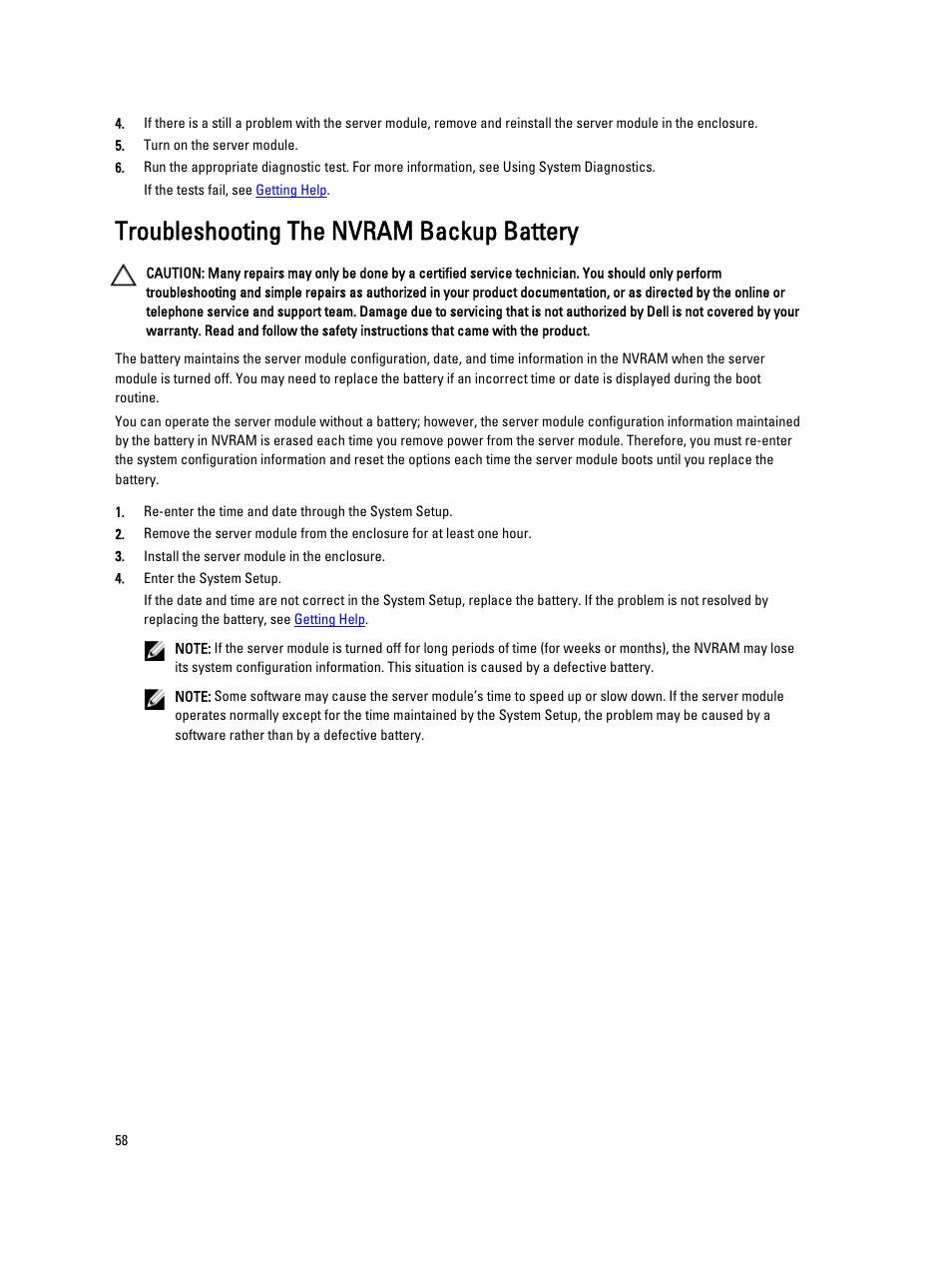 Troubleshooting the nvram backup battery | Dell PowerEdge VRTX User Manual | Page 58 / 139