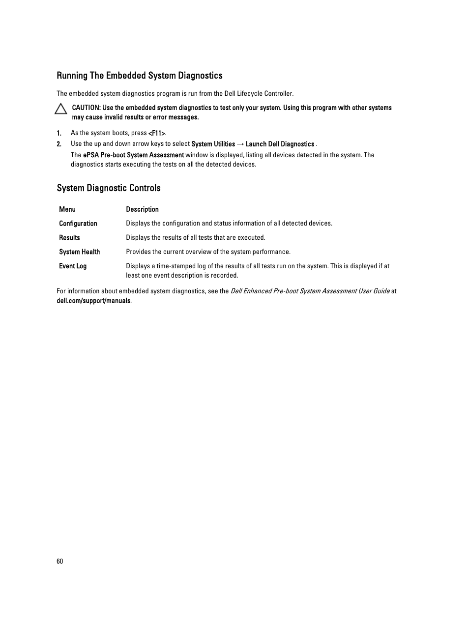 Running the embedded system diagnostics, System diagnostic controls | Dell PowerEdge VRTX User Manual | Page 60 / 139