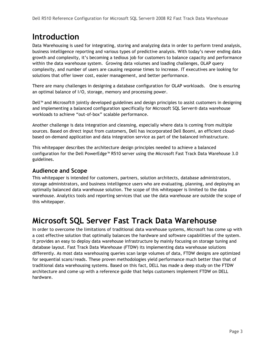 Introduction, Audience and scope, Microsoft sql server fast track data warehouse | Dell PowerEdge R510 User Manual | Page 5 / 24