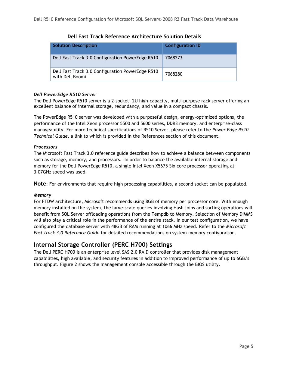Dell poweredge r510 server, Processors, Memory | Internal storage controller (perc h700) settings, Table 2 | Dell PowerEdge R510 User Manual | Page 7 / 24