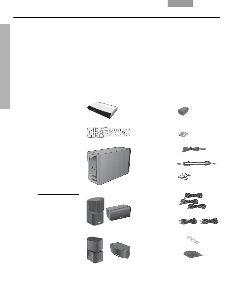 Desembalaje del sistema, Lista de piezas, Svenska nederlands english français español | Pilas del control remoto módulo acoustimass, Central, Ntro ducc ió n, Ntroducción | Bose LIFESTYLE VS-2 User Manual | Page 43 / 113
