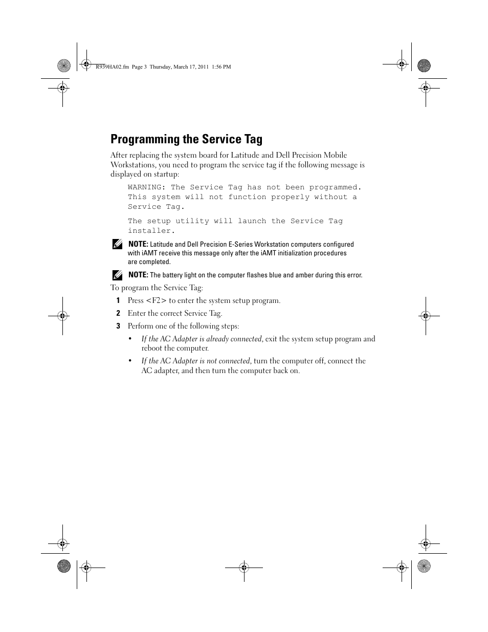 Programming the service tag | Dell Latitude E6320 (Early 2011) User Manual | Page 3 / 4