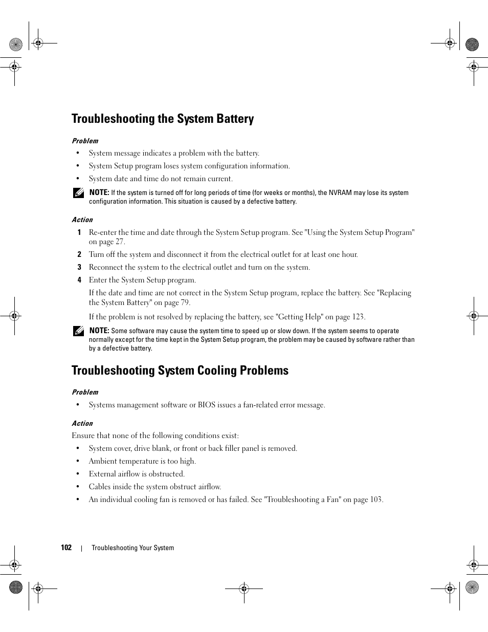 Troubleshooting the system battery, Troubleshooting system cooling problems | Dell PowerEdge SC1430 User Manual | Page 102 / 160