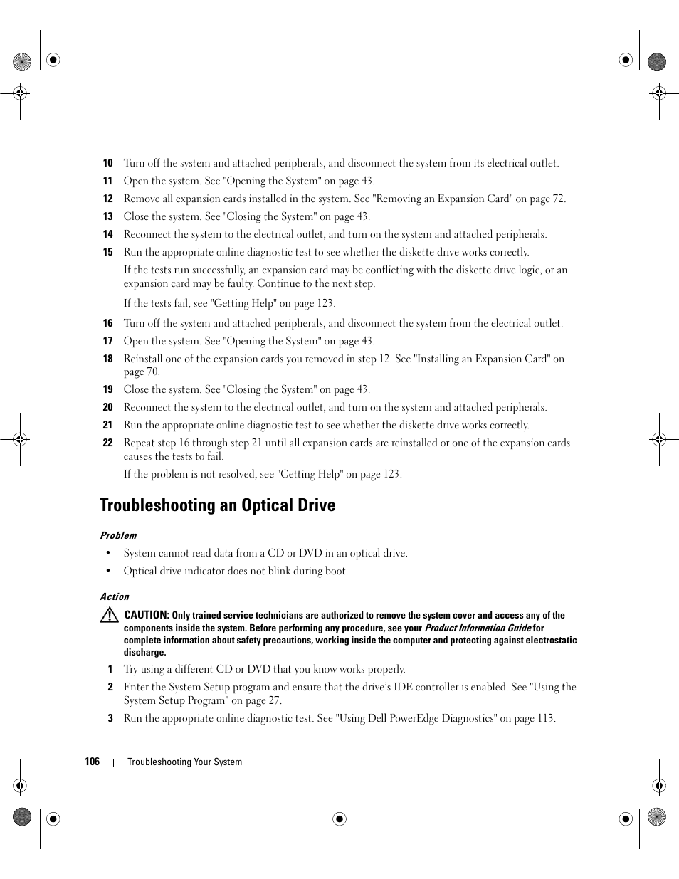 Troubleshooting an optical drive | Dell PowerEdge SC1430 User Manual | Page 106 / 160