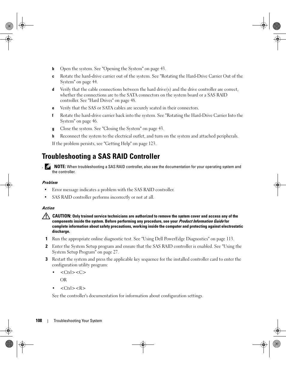 Troubleshooting a sas raid controller | Dell PowerEdge SC1430 User Manual | Page 108 / 160