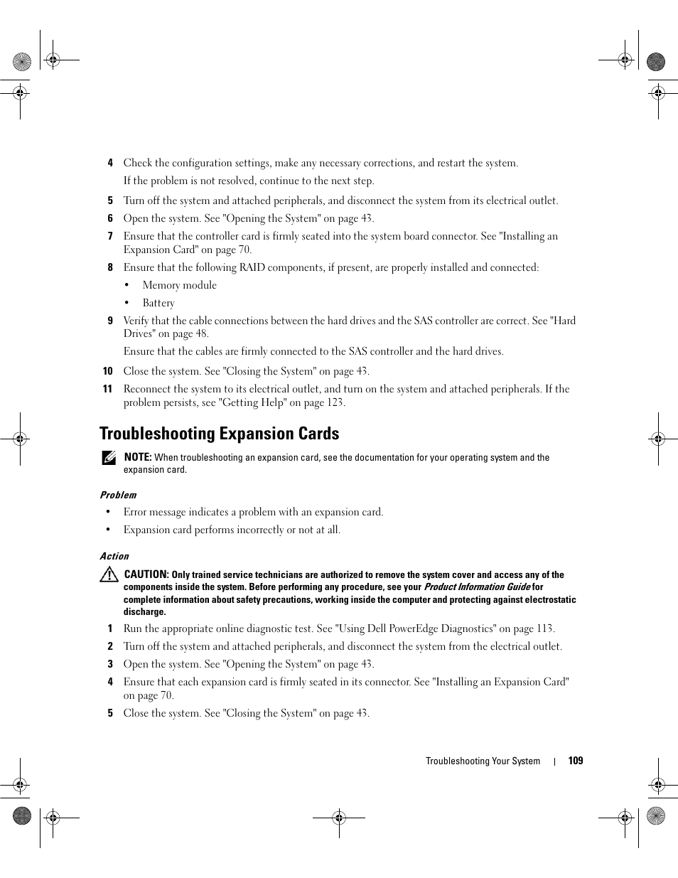 Troubleshooting expansion cards | Dell PowerEdge SC1430 User Manual | Page 109 / 160