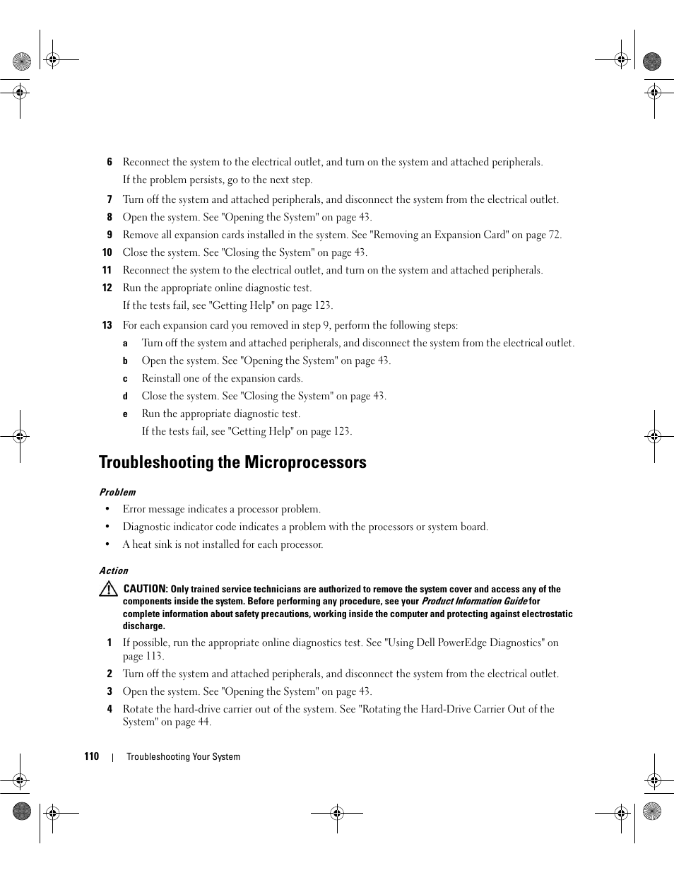 Troubleshooting the microprocessors, Ee "troubleshooting the microprocessors" on | Dell PowerEdge SC1430 User Manual | Page 110 / 160