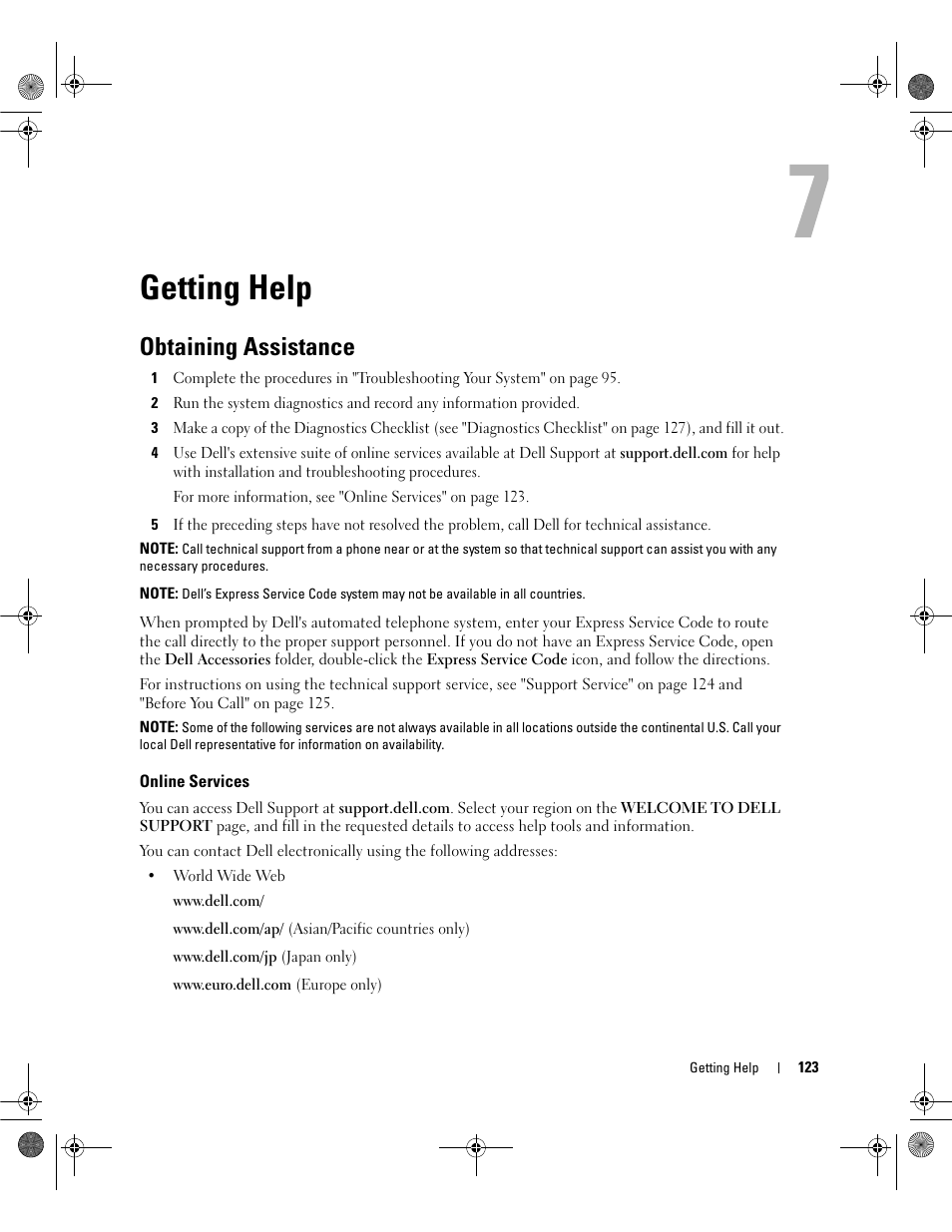 Getting help, Obtaining assistance, Online services | Dell PowerEdge SC1430 User Manual | Page 123 / 160