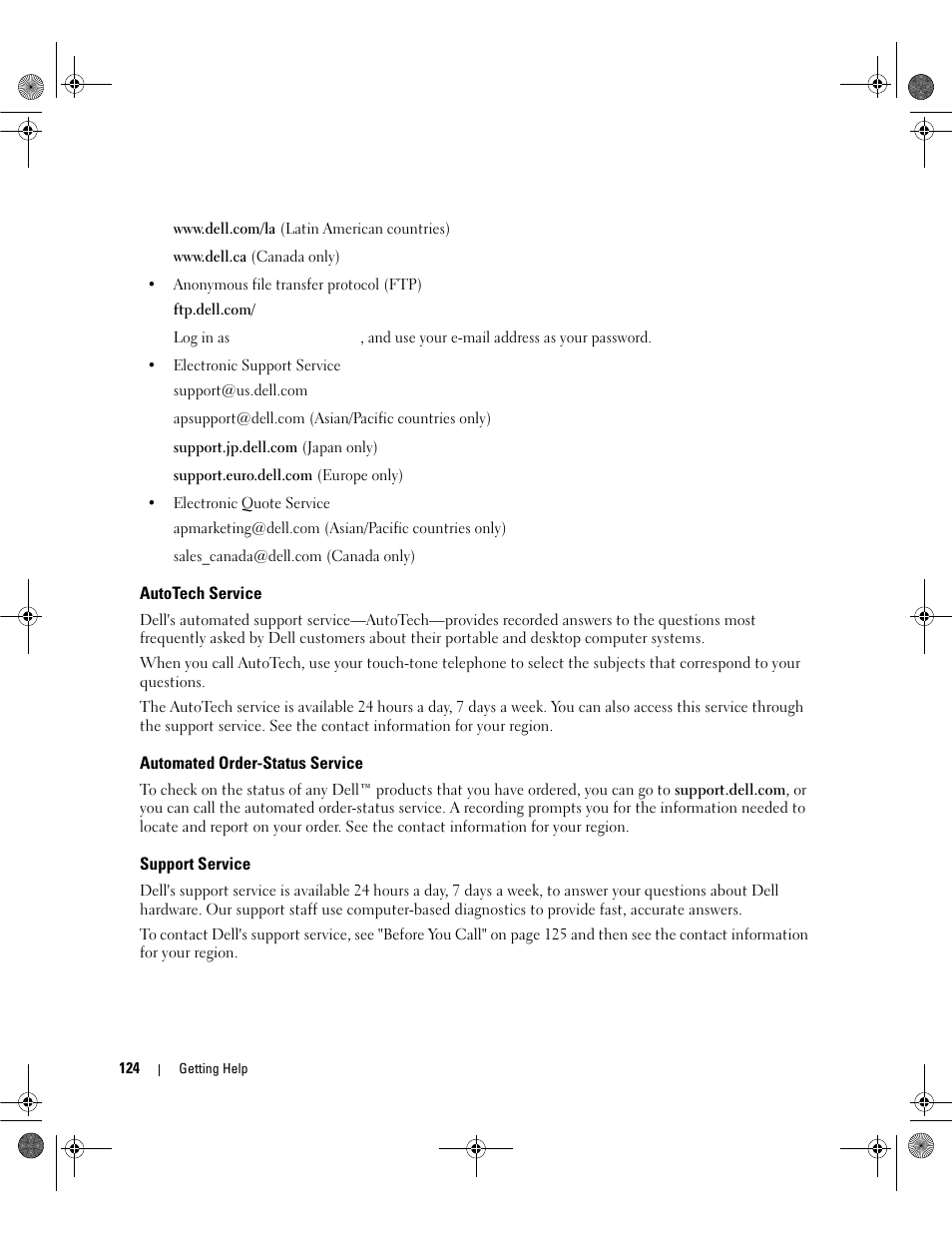 Autotech service, Automated order-status service, Support service | Dell PowerEdge SC1430 User Manual | Page 124 / 160