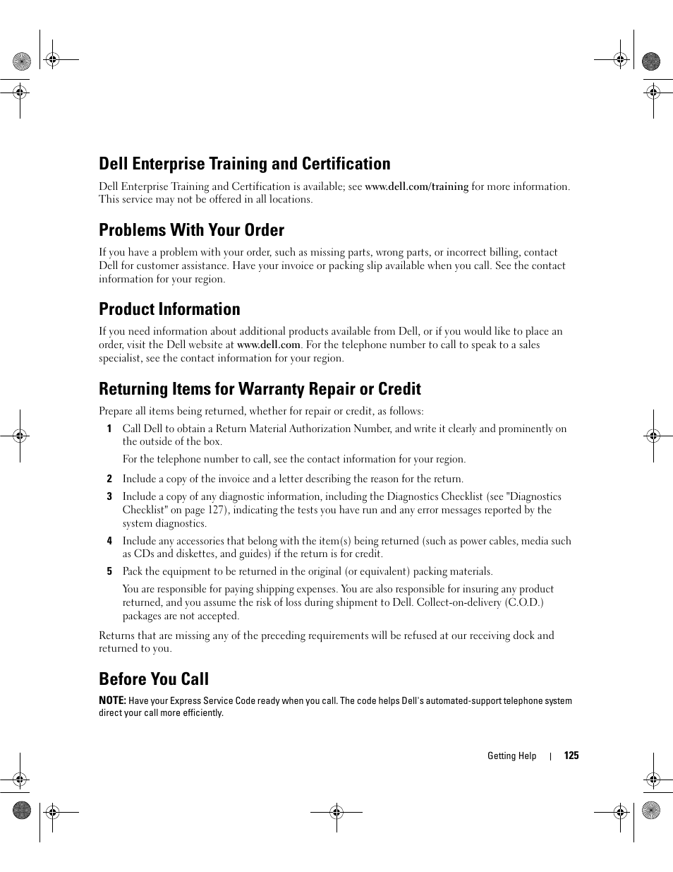 Dell enterprise training and certification, Problems with your order, Product information | Returning items for warranty repair or credit, Before you call | Dell PowerEdge SC1430 User Manual | Page 125 / 160