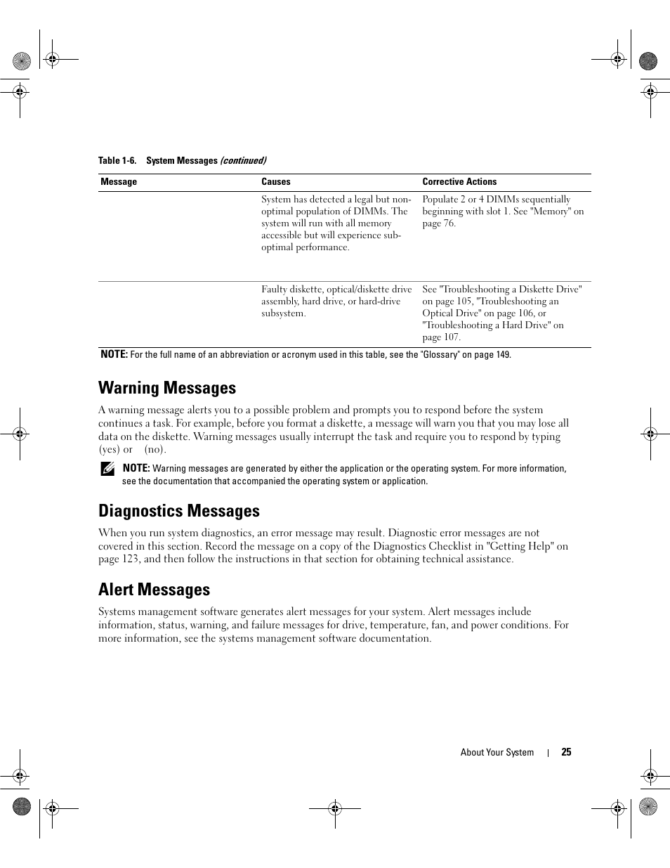 Warning messages, Diagnostics messages, Alert messages | Dell PowerEdge SC1430 User Manual | Page 25 / 160