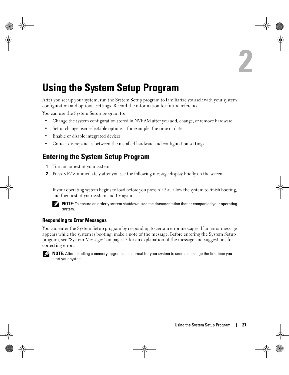 Using the system setup program, Entering the system setup program, Responding to error messages | Dell PowerEdge SC1430 User Manual | Page 27 / 160