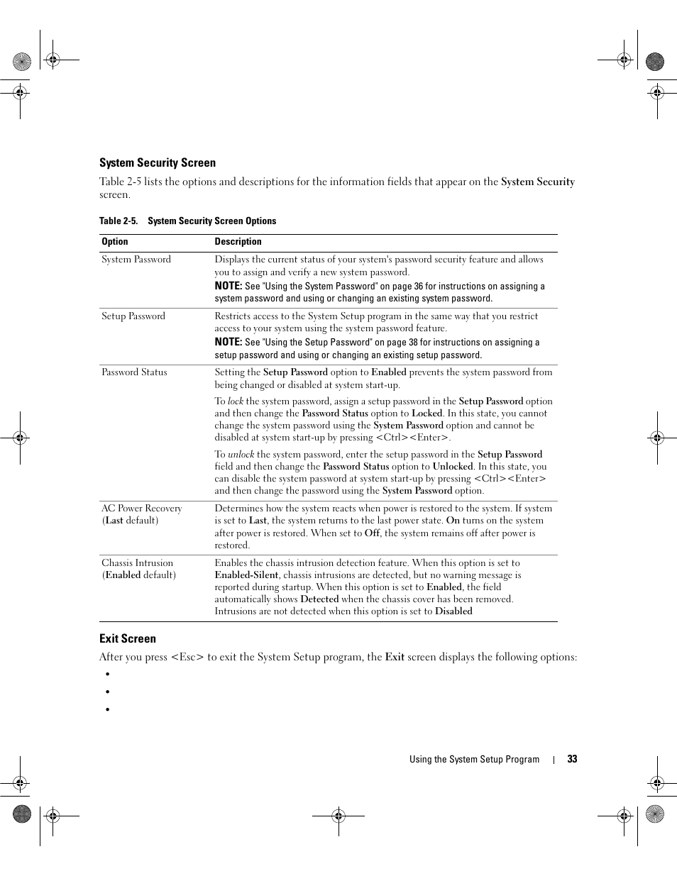 System security screen, Exit screen, Detection. see table | Dell PowerEdge SC1430 User Manual | Page 33 / 160