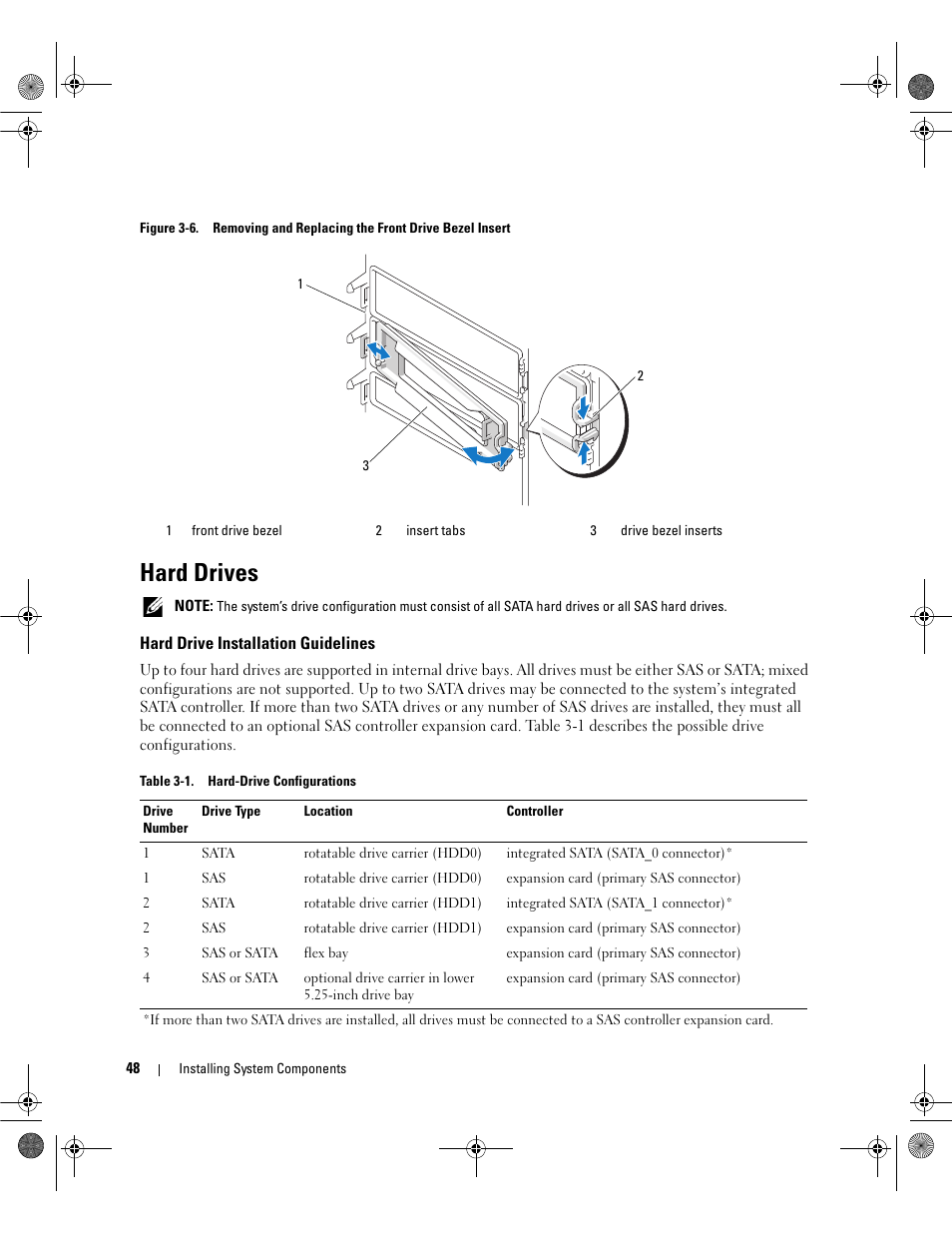 Hard drives, Hard drive installation guidelines | Dell PowerEdge SC1430 User Manual | Page 48 / 160