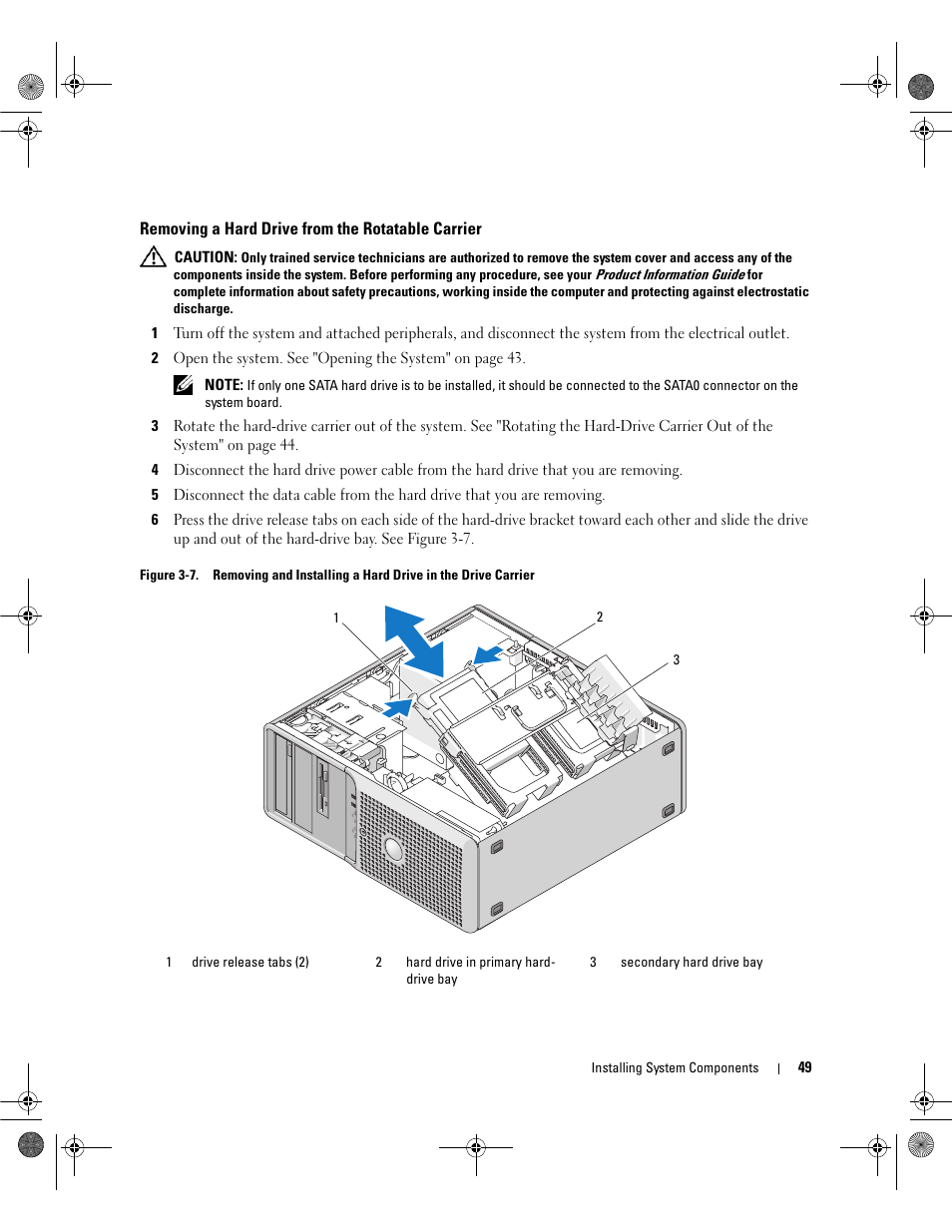 Removing a hard drive from the rotatable carrier | Dell PowerEdge SC1430 User Manual | Page 49 / 160