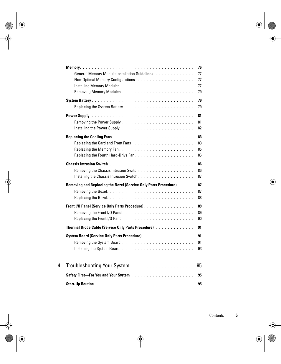 4troubleshooting your system | Dell PowerEdge SC1430 User Manual | Page 5 / 160
