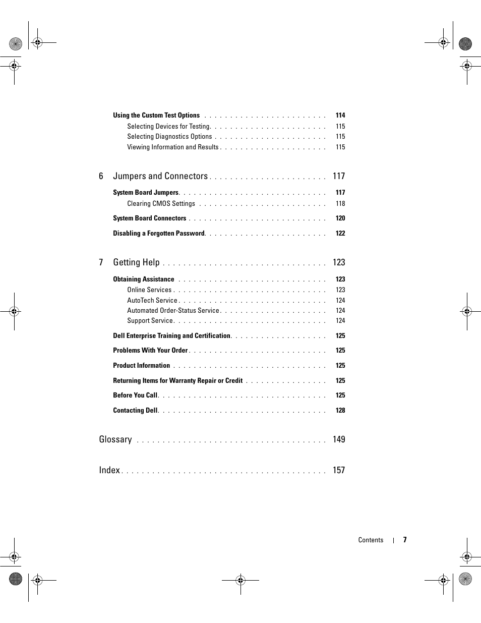 6jumpers and connectors, 7getting help, Glossary | 149 index | Dell PowerEdge SC1430 User Manual | Page 7 / 160