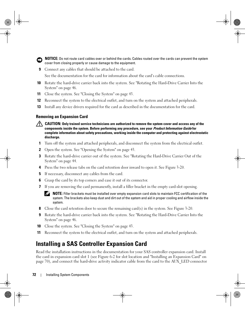 Removing an expansion card, Installing a sas controller expansion card | Dell PowerEdge SC1430 User Manual | Page 72 / 160