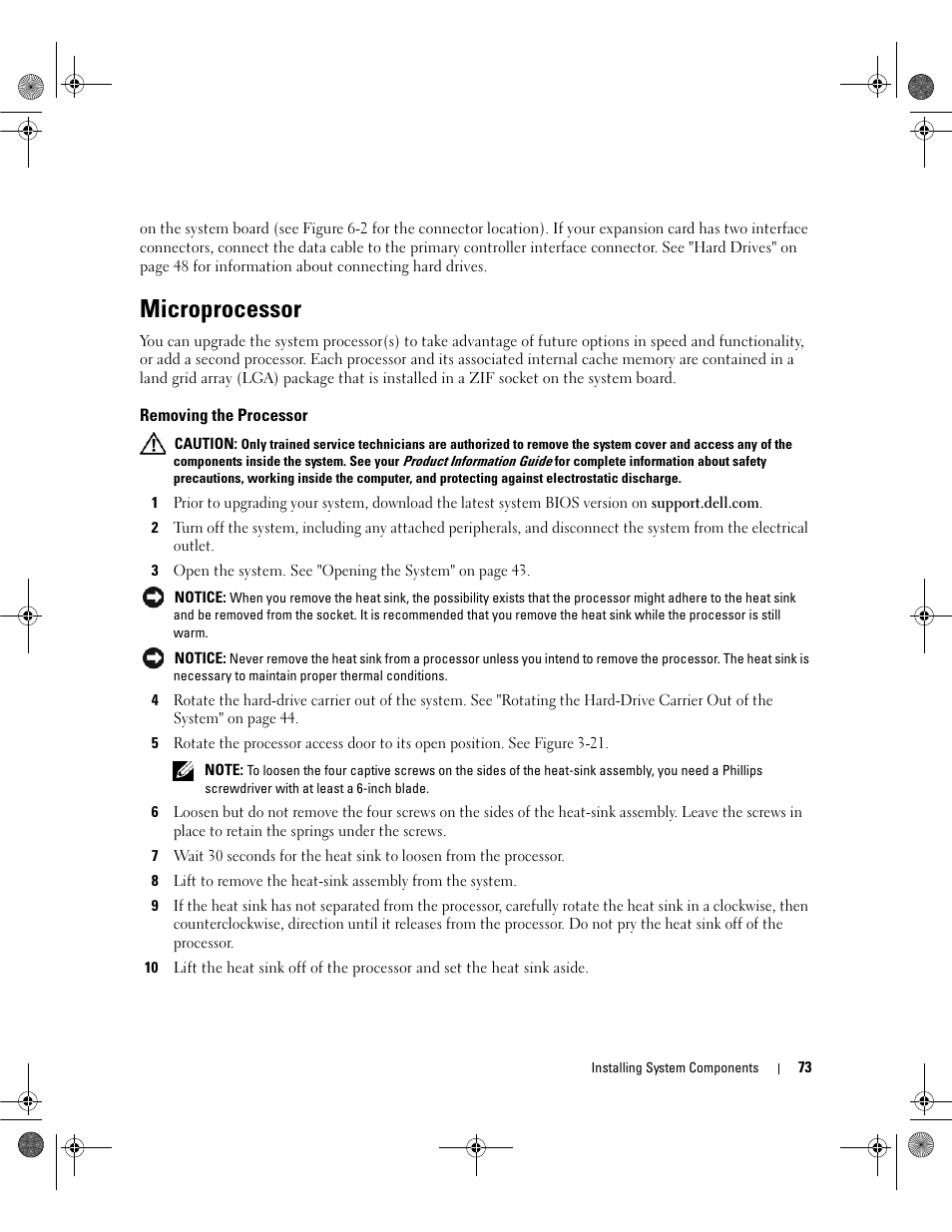 Microprocessor, Removing the processor | Dell PowerEdge SC1430 User Manual | Page 73 / 160