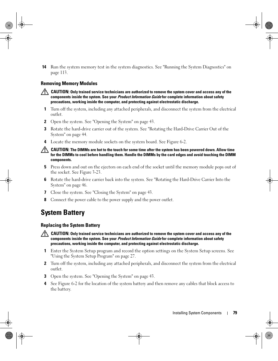 Removing memory modules, System battery, Replacing the system battery | Dell PowerEdge SC1430 User Manual | Page 79 / 160
