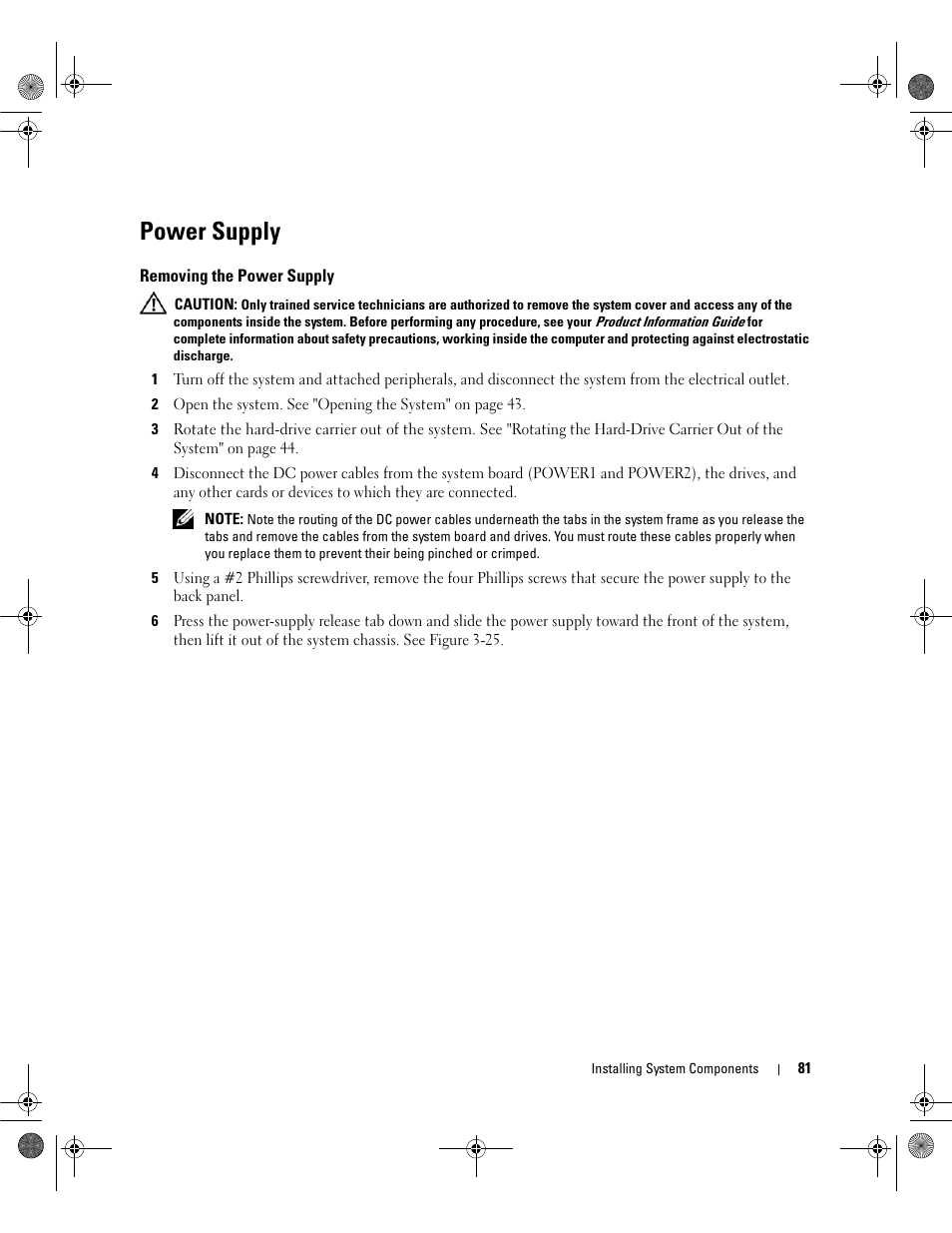 Power supply, Removing the power supply | Dell PowerEdge SC1430 User Manual | Page 81 / 160