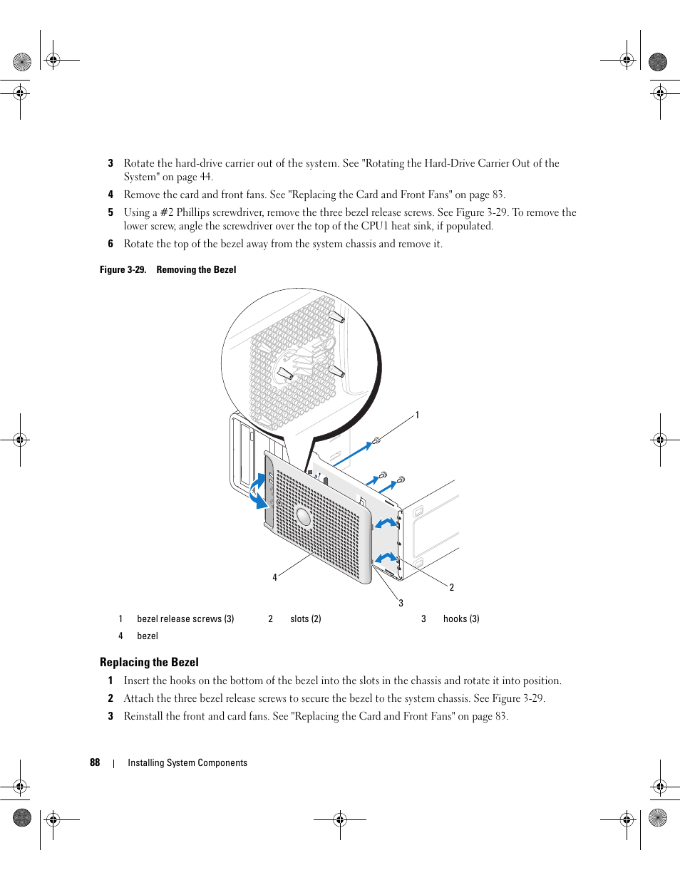 Replacing the bezel | Dell PowerEdge SC1430 User Manual | Page 88 / 160